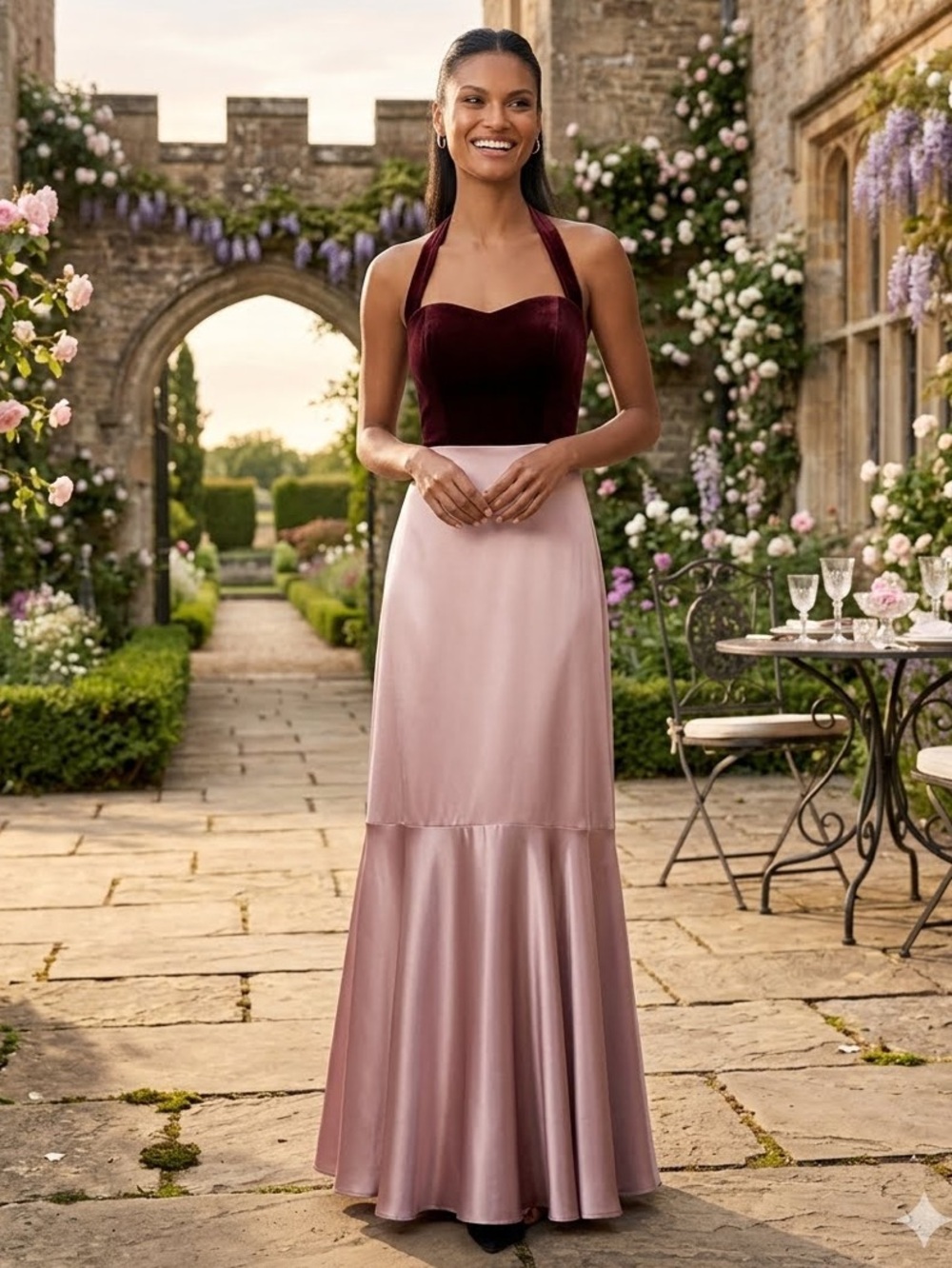 Lulu's Strapless Two-Tone Satin Gown in Wine and Blush - Picture 4 of 13